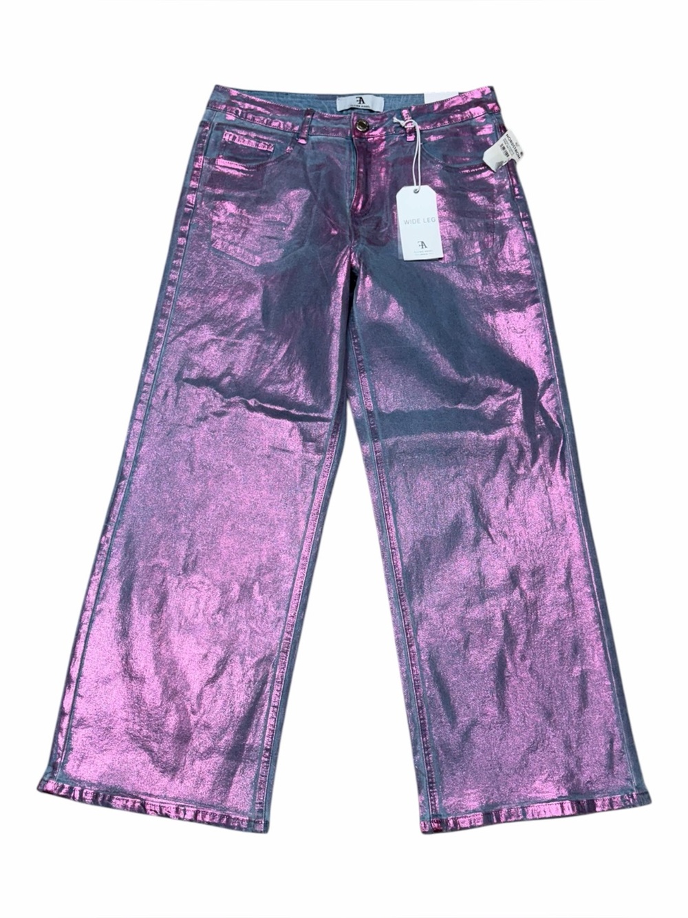 Flying Angel Metallic Pink Foil Coated Denim Wide Leg Jeans Size 9/29 NWT